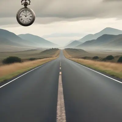 A Long Straight Road Stretching Into The Distance With A Pocket Watch Hanging In The Foreground The Road Is Surrounded By A Grassy Landscape With A Hazy Mountainous Background 13 B2c3
