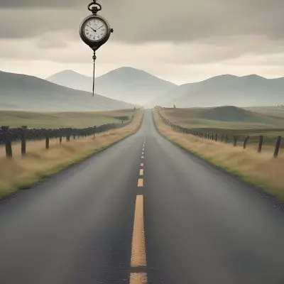 A Long Straight Road Stretching Into The Distance With A Pocket Watch Hanging In The Foreground The Road Is Surrounded By A Grassy Landscape With A Hazy Mountainous Background 14 4970