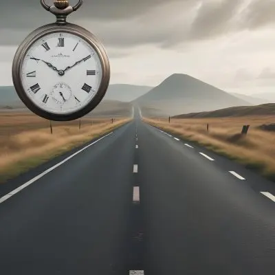 A Long Straight Road Stretching Into The Distance With A Pocket Watch Hanging In The Foreground The Road Is Surrounded By A Grassy Landscape With A Hazy Mountainous Background 17 E479