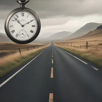 A Long Straight Road Stretching Into The Distance With A Pocket Watch Hanging In The Foreground The Road Is Surrounded By A Grassy Landscape With A Hazy Mountainous Background 18 4679