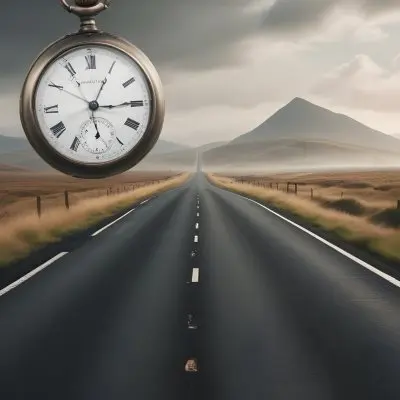 A Long Straight Road Stretching Into The Distance With A Pocket Watch Hanging In The Foreground The Road Is Surrounded By A Grassy Landscape With A Hazy Mountainous Background 19 3686