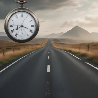 A Long Straight Road Stretching Into The Distance With A Pocket Watch Hanging In The Foreground The Road Is Surrounded By A Grassy Landscape With A Hazy Mountainous Background 20 9e23