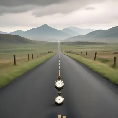A Long Straight Road Stretching Into The Distance With A Pocket Watch Hanging In The Foreground The Road Is Surrounded By A Grassy Landscape With A Hazy Mountainous Background 4 Df94