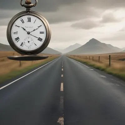 A Long Straight Road Stretching Into The Distance With A Pocket Watch Hanging In The Foreground The Road Is Surrounded By A Grassy Landscape With A Hazy Mountainous Background 5 31ce