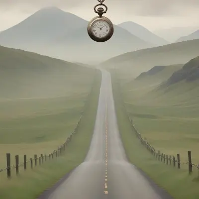 A Long Straight Road Stretching Into The Distance With A Pocket Watch Hanging In The Foreground The Road Is Surrounded By A Grassy Landscape With A Hazy Mountainous Background 6 C21d