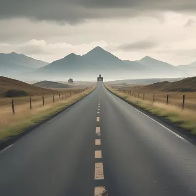 A Long Straight Road Stretching Into The Distance With A Pocket Watch Hanging In The Foreground The Road Is Surrounded By A Grassy Landscape With A Hazy Mountainous Background 7 08b1