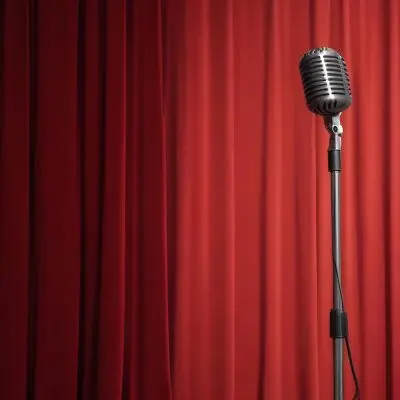 A Microphone On A Stage With Red Curtains In The Background 11 A3eb