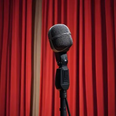 A Microphone On A Stage With Red Curtains In The Background 12 470f