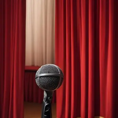A Microphone On A Stage With Red Curtains In The Background 13 654f