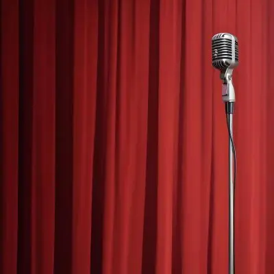 A Microphone On A Stage With Red Curtains In The Background 17 6cc6