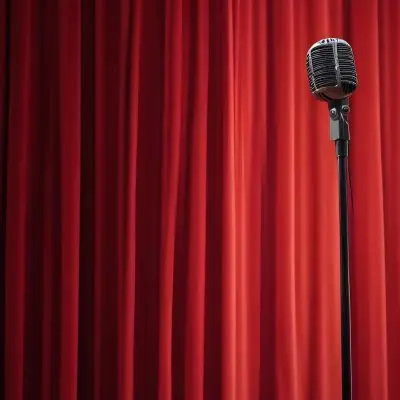 A Microphone On A Stage With Red Curtains In The Background 19 Bd09