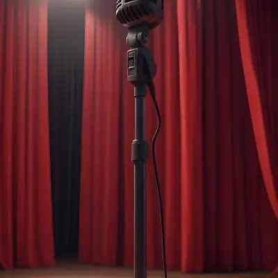 A Microphone On A Stage With Red Curtains In The Background 2 6ef6