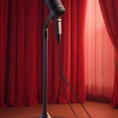 A Microphone On A Stage With Red Curtains In The Background 36 9e14