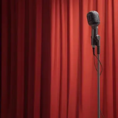 A Microphone On A Stage With Red Curtains In The Background 40 076e