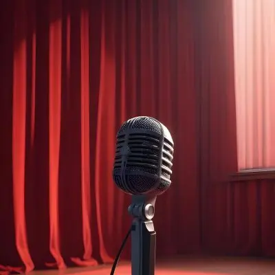A Microphone On A Stage With Red Curtains In The Background 5 1138