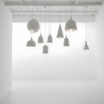 A Minimalist White Room With A High Ceiling And Hanging Pendant Lights 11 8ecc