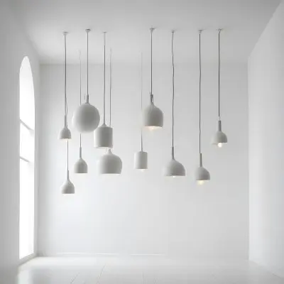 A Minimalist White Room With A High Ceiling And Hanging Pendant Lights 41 08a4