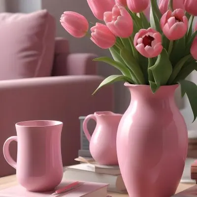 A Pink Vase With Pink Tulips A Cup Of Coffee With Milk And Some Books On A Table In A Living Room 18 C6b0