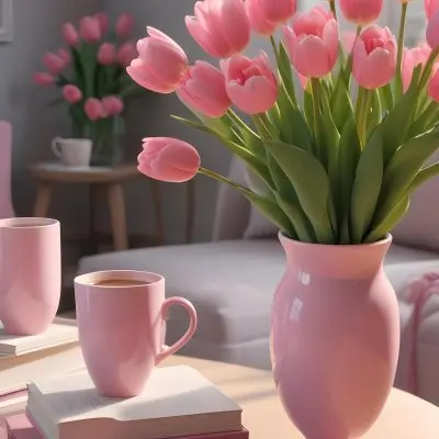 A Pink Vase With Pink Tulips A Cup Of Coffee With Milk And Some Books On A Table In A Living Room 2 4227