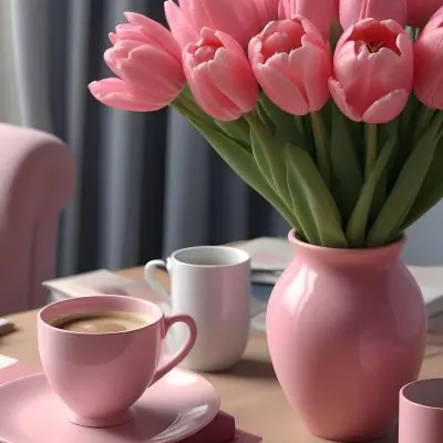 A Pink Vase With Pink Tulips A Cup Of Coffee With Milk And Some Books On A Table In A Living Room 22 F74c