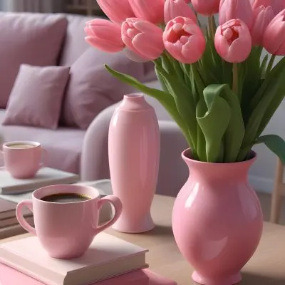 A Pink Vase With Pink Tulips A Cup Of Coffee With Milk And Some Books On A Table In A Living Room 28 679b