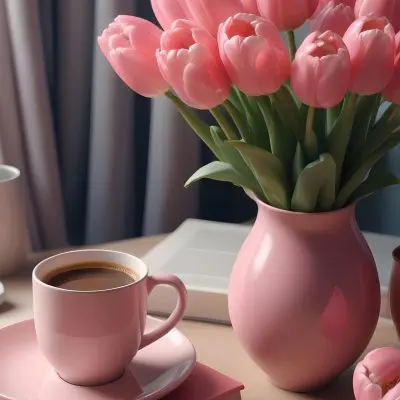 A Pink Vase With Pink Tulips A Cup Of Coffee With Milk And Some Books On A Table In A Living Room 29 92f3