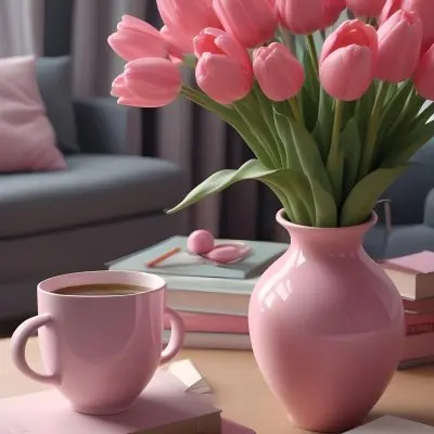 A Pink Vase With Pink Tulips A Cup Of Coffee With Milk And Some Books On A Table In A Living Room 30 0a58
