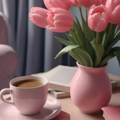 A Pink Vase With Pink Tulips A Cup Of Coffee With Milk And Some Books On A Table In A Living Room 32 A4b6