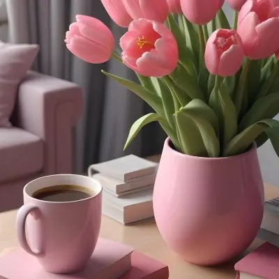 A Pink Vase With Pink Tulips A Cup Of Coffee With Milk And Some Books On A Table In A Living Room 6 6d04
