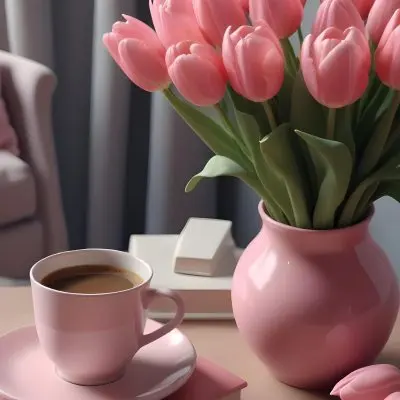 A Pink Vase With Pink Tulips A Cup Of Coffee With Milk And Some Books On A Table In A Living Room 8 Ed75