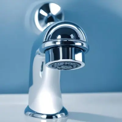 A Shiny Chrome Faucet With A Lever Handle Positioned On A White Countertop Set Against A Plain Blue Wall Showcasing A Modern Bathroom Fixture 14 B973