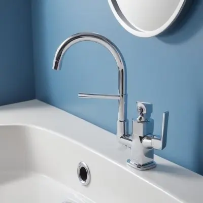 A Shiny Chrome Faucet With A Lever Handle Positioned On A White Countertop Set Against A Plain Blue Wall Showcasing A Modern Bathroom Fixture 16 44d1