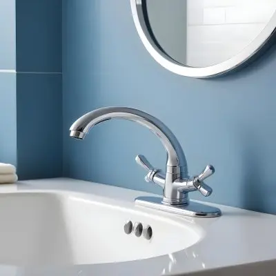 A Shiny Chrome Faucet With A Lever Handle Positioned On A White Countertop Set Against A Plain Blue Wall Showcasing A Modern Bathroom Fixture 18 C5a2