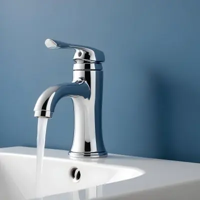 A Shiny Chrome Faucet With A Lever Handle Positioned On A White Countertop Set Against A Plain Blue Wall Showcasing A Modern Bathroom Fixture 2 C663