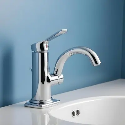 A Shiny Chrome Faucet With A Lever Handle Positioned On A White Countertop Set Against A Plain Blue Wall Showcasing A Modern Bathroom Fixture 20 2ac6