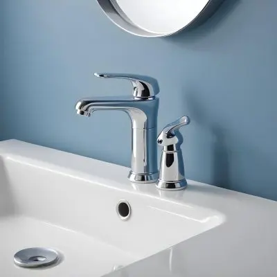 A Shiny Chrome Faucet With A Lever Handle Positioned On A White Countertop Set Against A Plain Blue Wall Showcasing A Modern Bathroom Fixture 23 B850