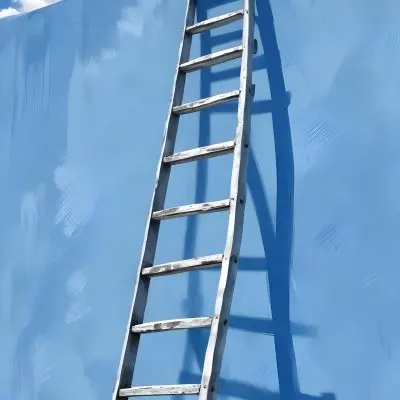 A Silver Ladder Leaning Against A Blue Wall Under A Blue Sky With Some Clouds The Ladder Is Casting A Shadow On The Wall 1 923f