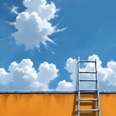 A Silver Ladder Leaning Against A Blue Wall Under A Blue Sky With Some Clouds The Ladder Is Casting A Shadow On The Wall 11 0626