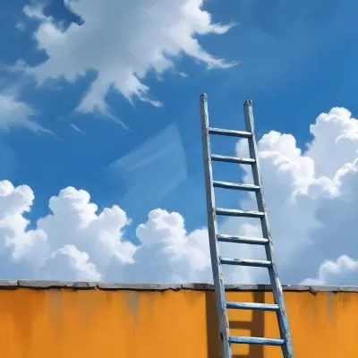 A Silver Ladder Leaning Against A Blue Wall Under A Blue Sky With Some Clouds The Ladder Is Casting A Shadow On The Wall 13 24e6