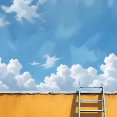 A Silver Ladder Leaning Against A Blue Wall Under A Blue Sky With Some Clouds The Ladder Is Casting A Shadow On The Wall 17 3642