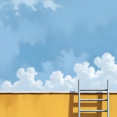 A Silver Ladder Leaning Against A Blue Wall Under A Blue Sky With Some Clouds The Ladder Is Casting A Shadow On The Wall 18 2aac