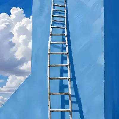 A Silver Ladder Leaning Against A Blue Wall Under A Blue Sky With Some Clouds The Ladder Is Casting A Shadow On The Wall 2 Bd70