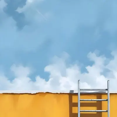 A Silver Ladder Leaning Against A Blue Wall Under A Blue Sky With Some Clouds The Ladder Is Casting A Shadow On The Wall 20 7099