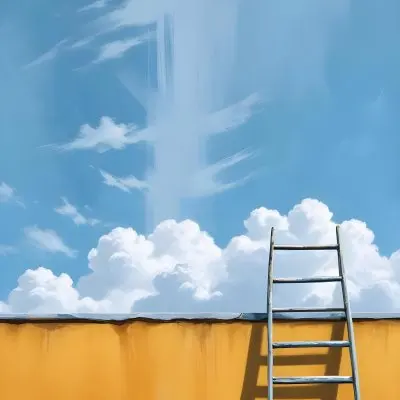 A Silver Ladder Leaning Against A Blue Wall Under A Blue Sky With Some Clouds The Ladder Is Casting A Shadow On The Wall 21 F6e3