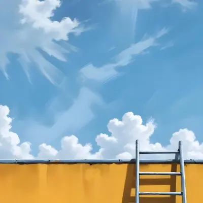 A Silver Ladder Leaning Against A Blue Wall Under A Blue Sky With Some Clouds The Ladder Is Casting A Shadow On The Wall 22 3eb4