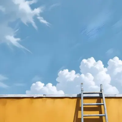 A Silver Ladder Leaning Against A Blue Wall Under A Blue Sky With Some Clouds The Ladder Is Casting A Shadow On The Wall 4 2e83