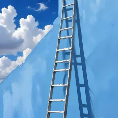 A Silver Ladder Leaning Against A Blue Wall Under A Blue Sky With Some Clouds The Ladder Is Casting A Shadow On The Wall 8 6864