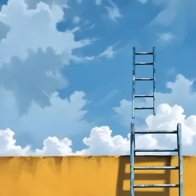 A Silver Ladder Leaning Against A Blue Wall Under A Blue Sky With Some Clouds The Ladder Is Casting A Shadow On The Wall 9 83c3