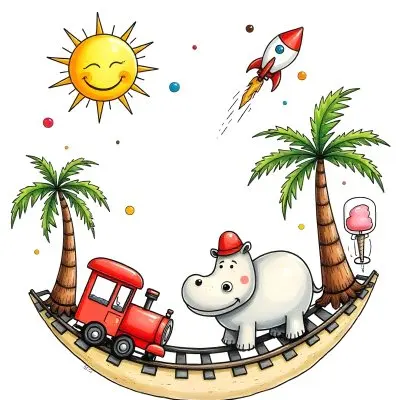 A Snail With A Blue Shell A Blue Hippo And A Rocket On A Wooden Fence With Flowers Trees And A Sun In The Background 45 F8b7