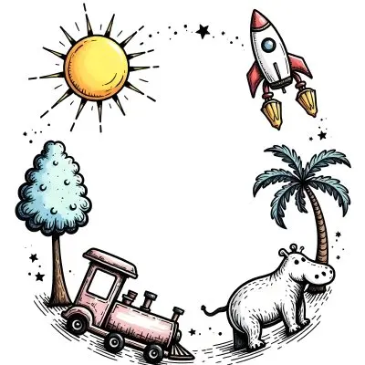 A Snail With A Blue Shell A Blue Hippo And A Rocket On A Wooden Fence With Flowers Trees And A Sun In The Background 59 8805
